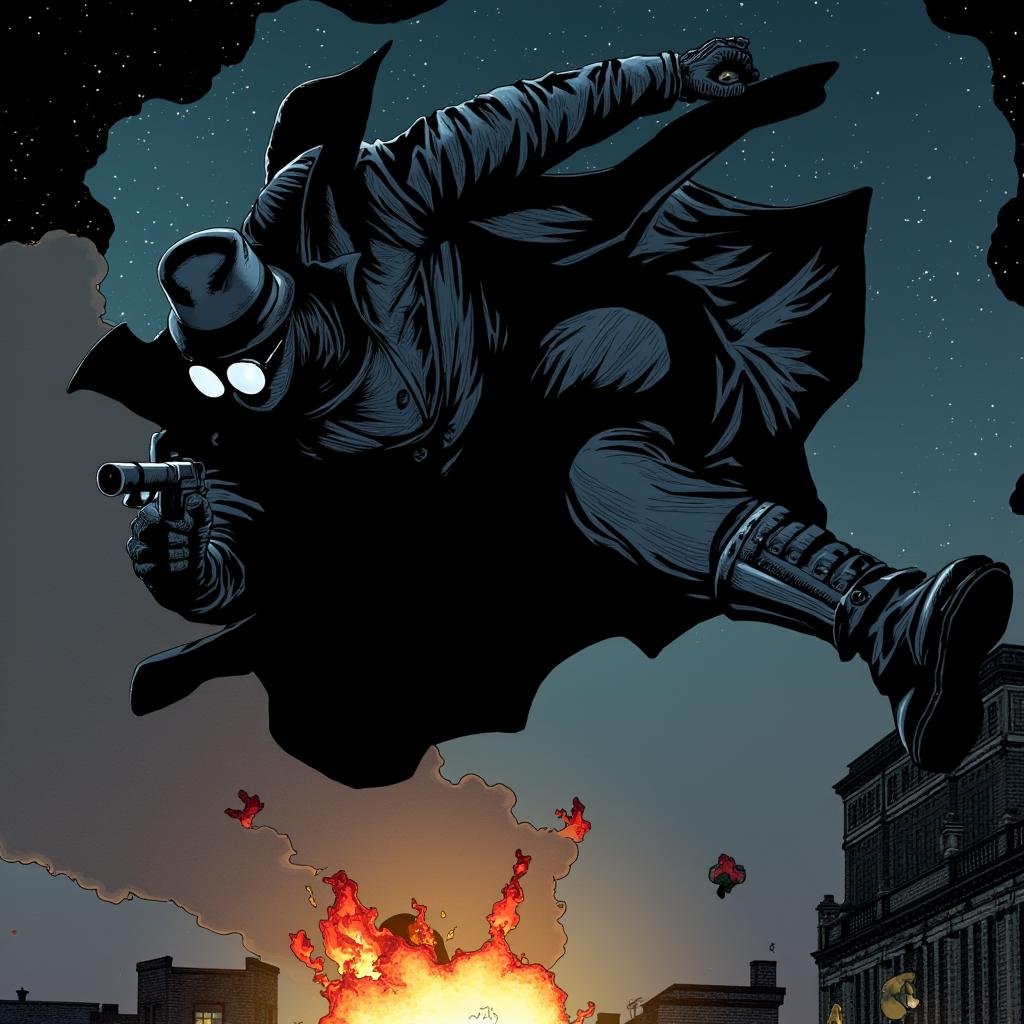 comic book art of cinematic Spider-Man Noir style a man in a black jacket is flying through the air,  perfect image,  perf...