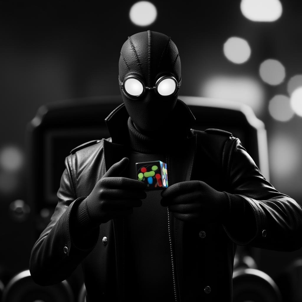 cinematic film still of cinematic Spider-Man Noir style a man in a black mask and goggles holding a colorful rubik cube,...