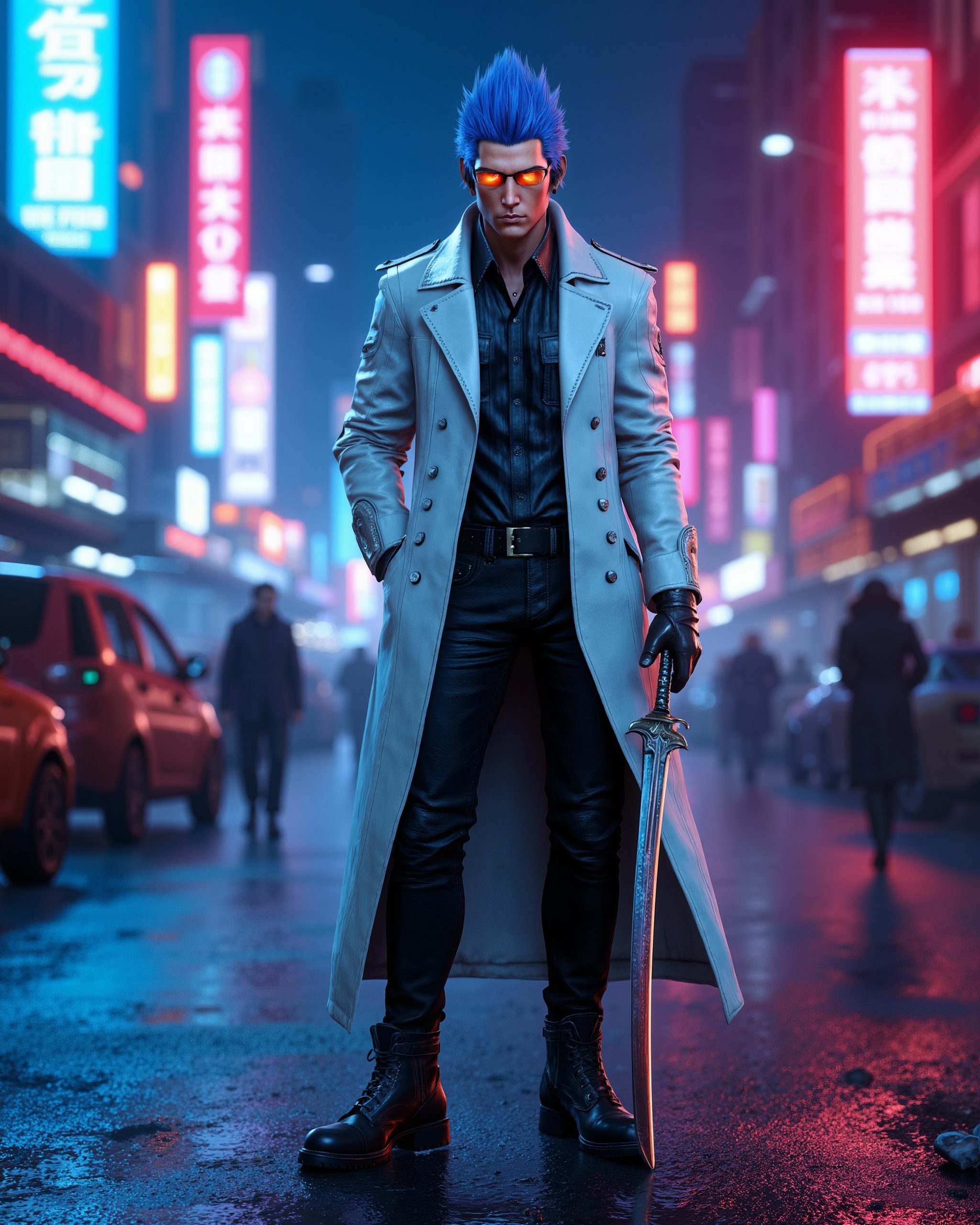 high resolution digital art of XV-Ignis reimagined as a cyberpunk gangster. He has vibrant blue hair styled in his signatu...