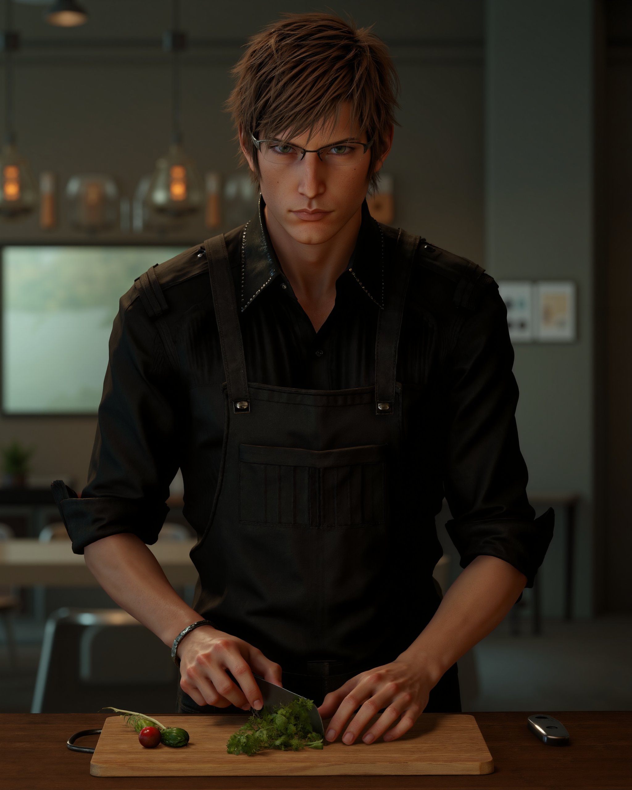 Ignis Scientia appears in ultra-realistic style,  half-body shot in the kitchen of a modern luxury apartment. His dishevel...