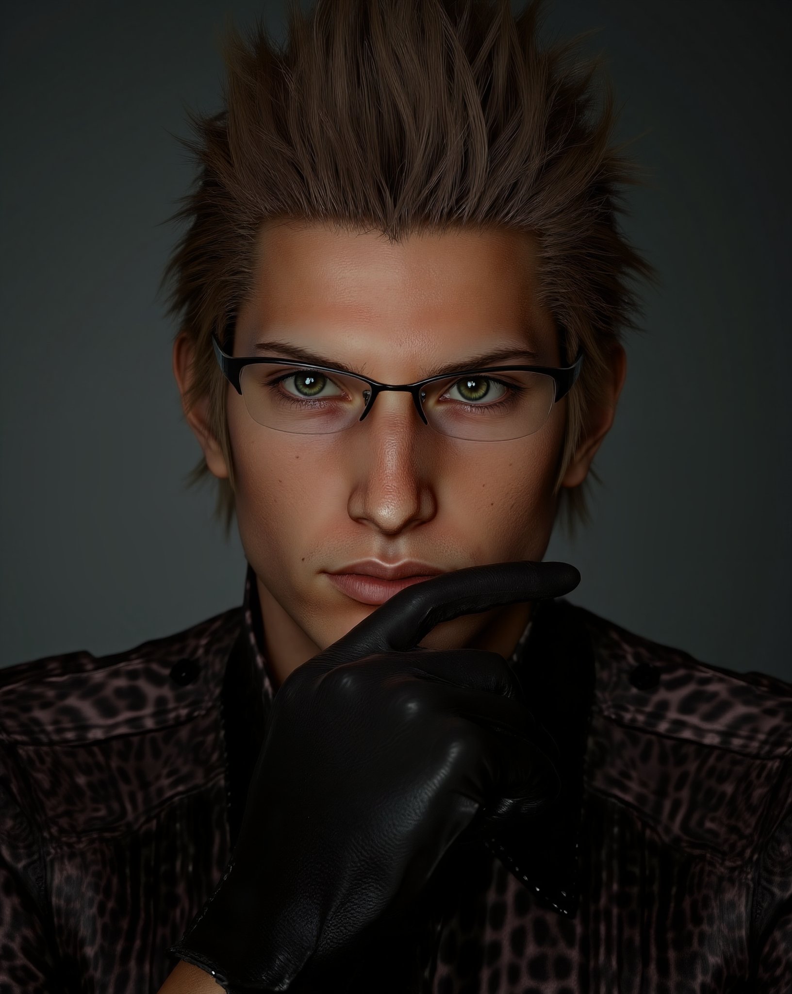 A close-up studio portrait of a 25-year-old man with green eyes,  square glasses,  and light ash brown spiky hair. He wear...