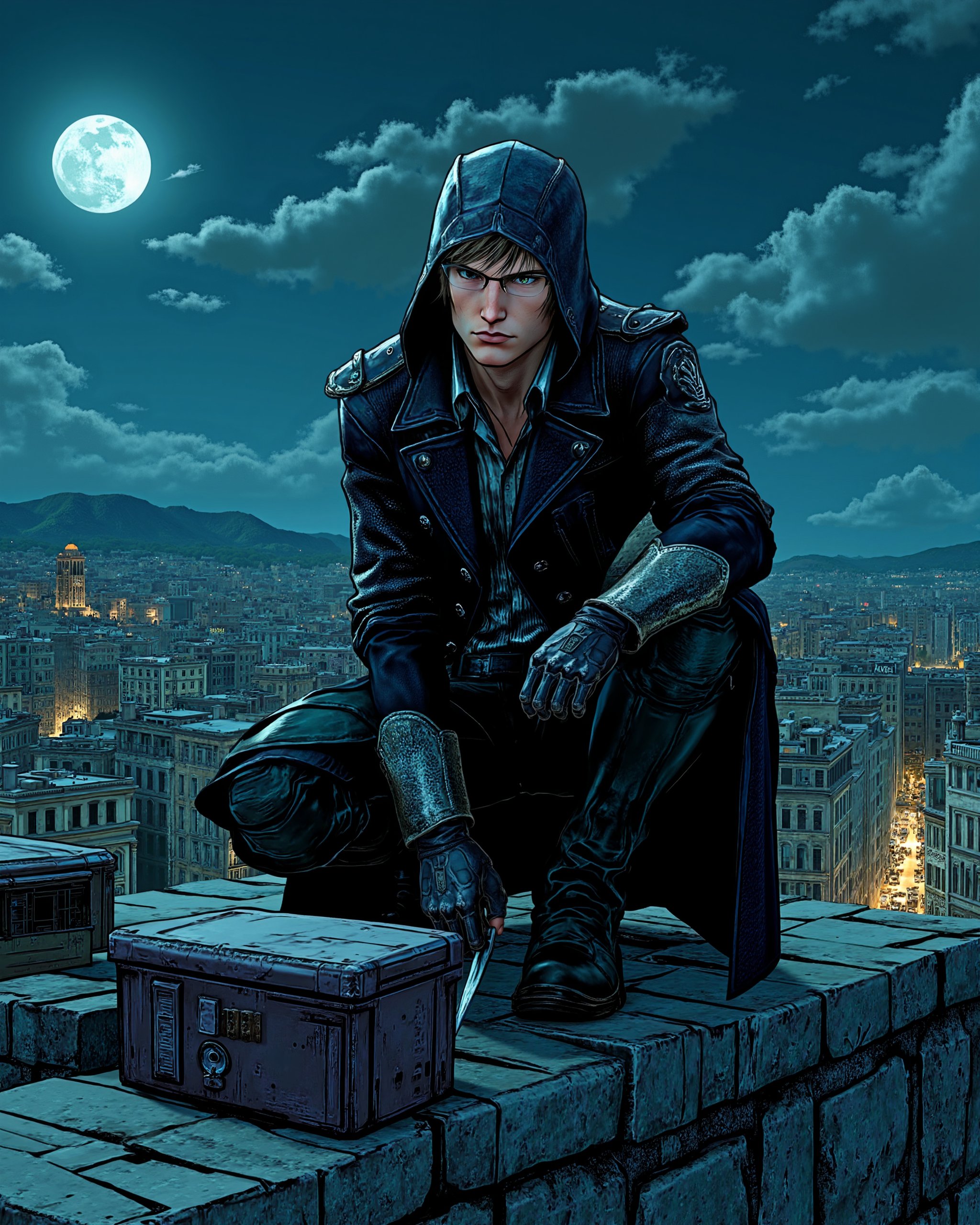 In a comic book style scene with bold black outlines,  Ignis Scientia crouches atop a stone rooftop,  wearing a hooded Ass...