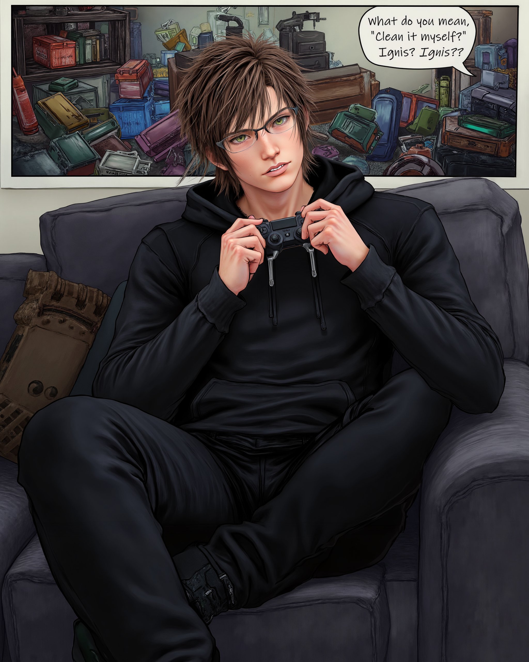 Ignis lounges on a modern couch with a game controller in hand,  disheveled hair falling into his face,  wearing a fitted...