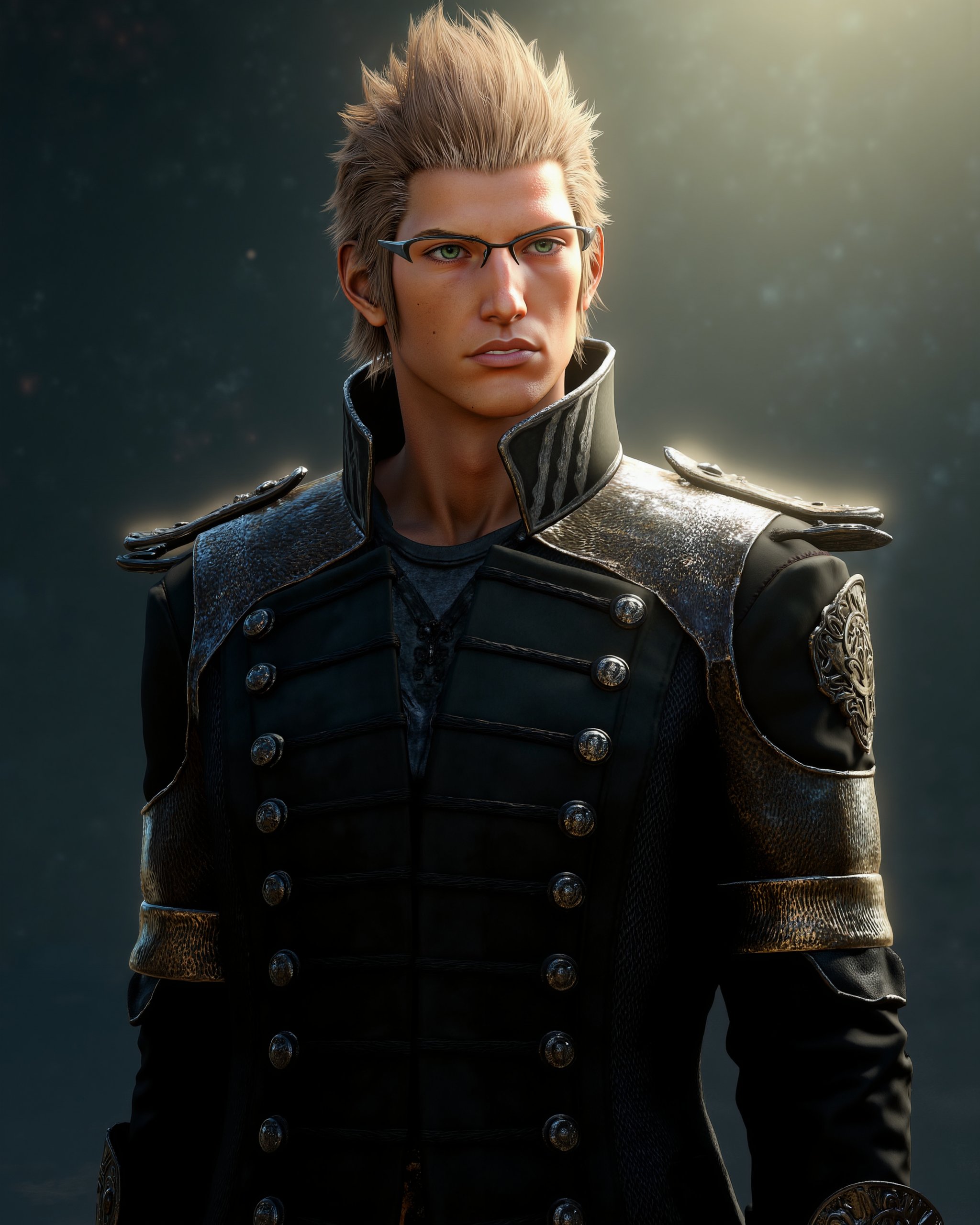 A mid-shot illustration of XV-Ignis in his Kingsglaive uniform,  captured in a dramatic moment of intensity. His posture i...