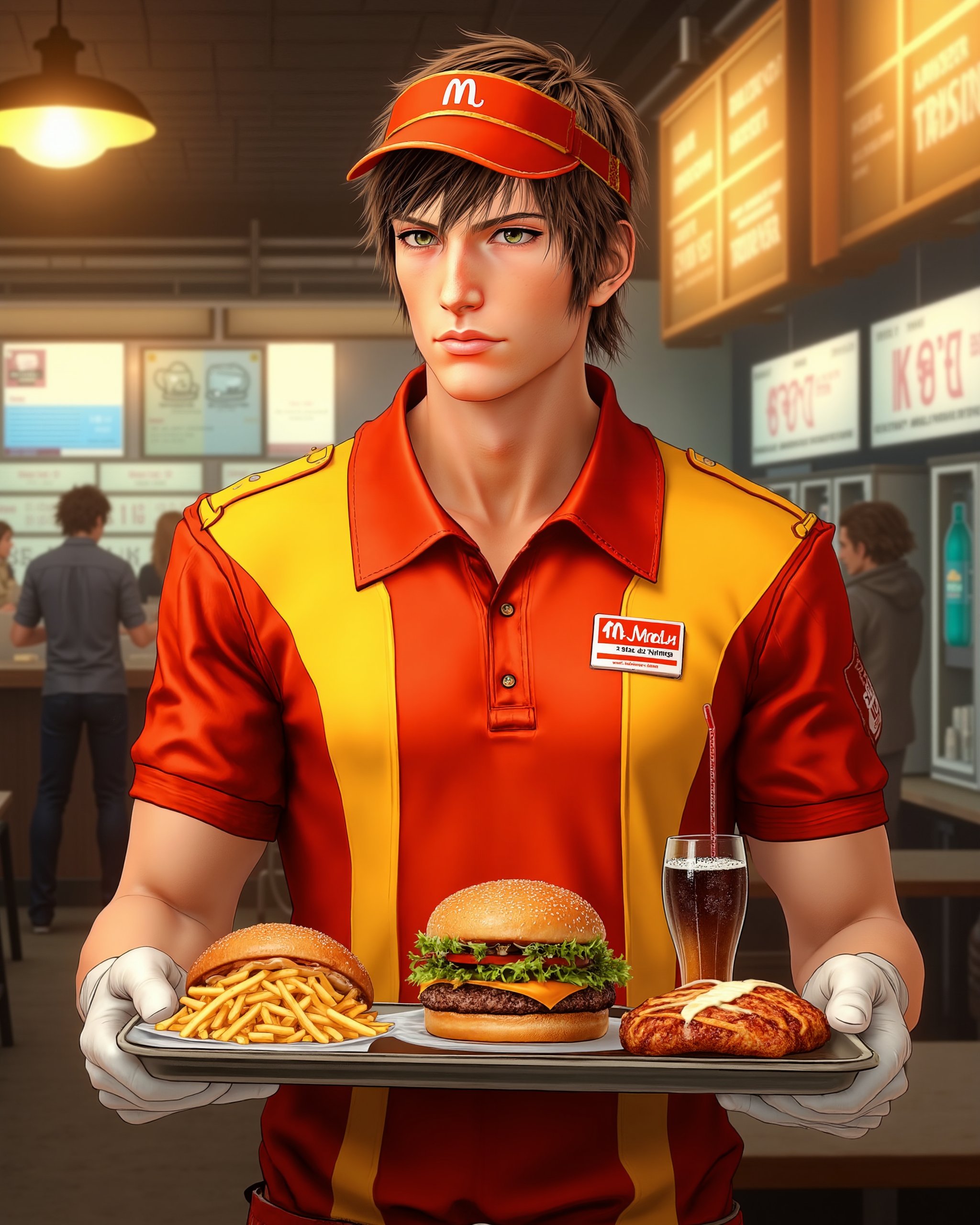 A full-body illustration of XV-Ignis,  reimagined as a fast-food employee but treating the experience with the poise and r...