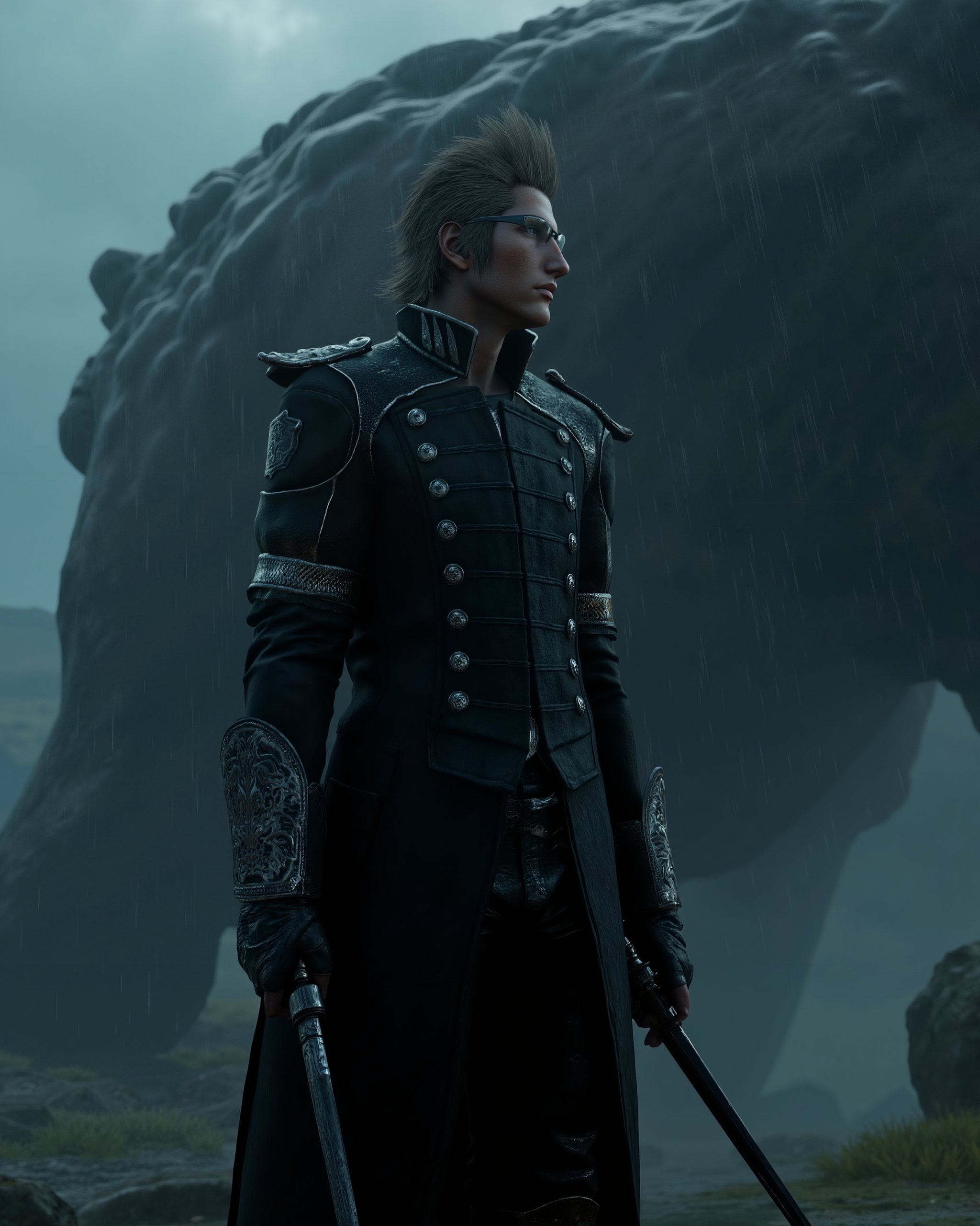 Ignis Scientia,  athletic and alert,  stares down an enormous behemoth in the rain. Rendered in ultra-realistic style by L...
