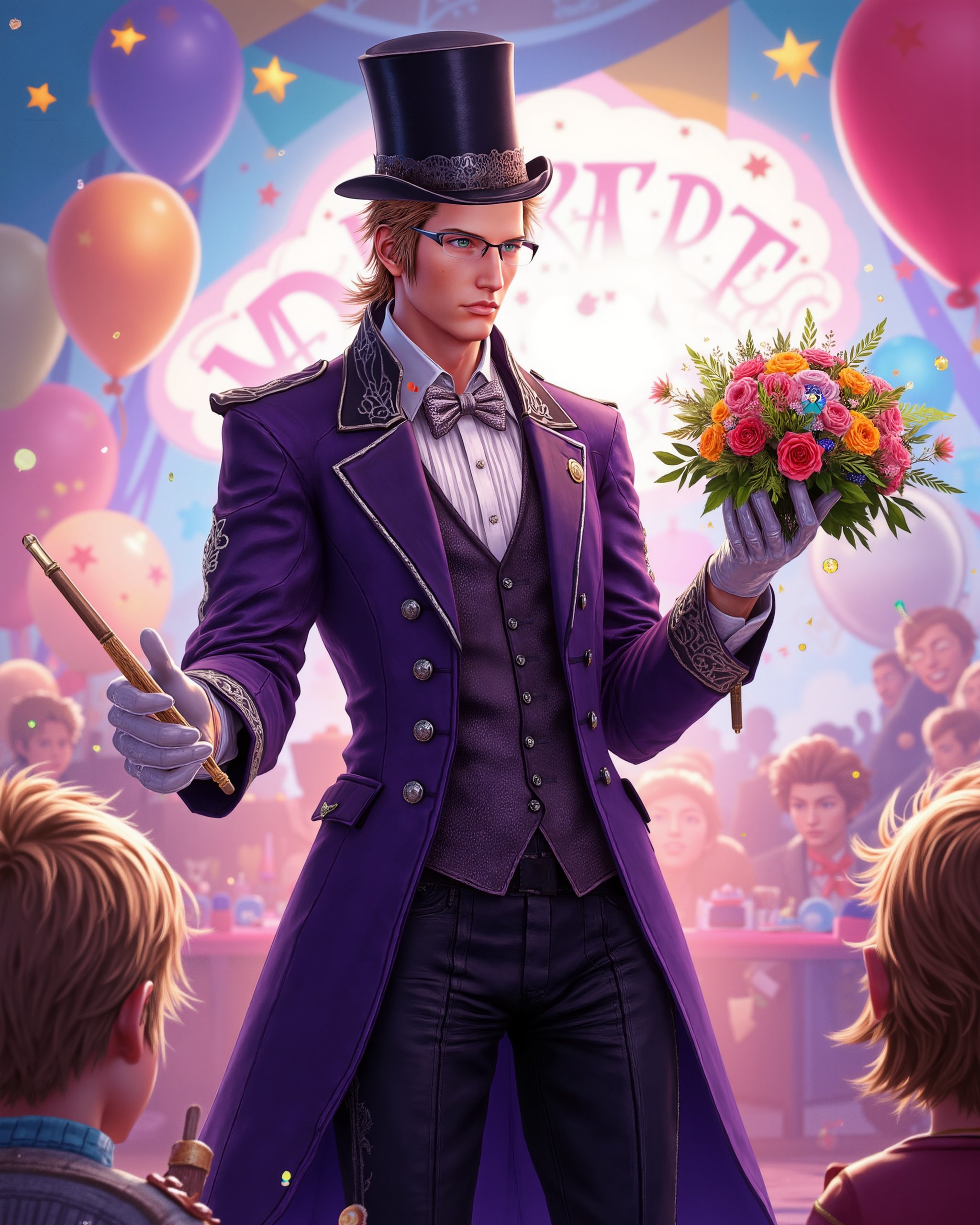 A full-body,  cell-shaded illustration of XV-Ignis,  reimagined as a magician performing at a children's party. He is dres...