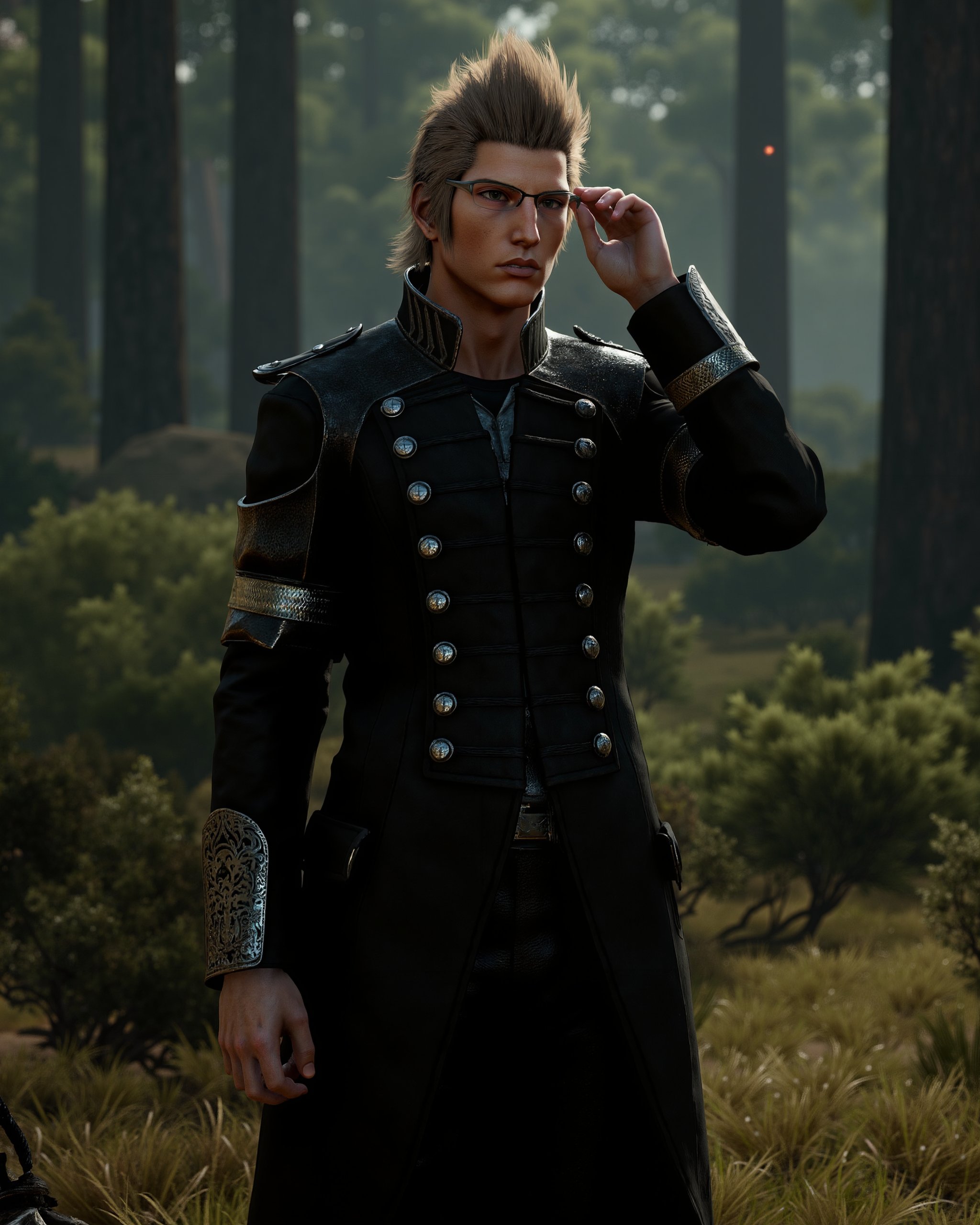 Ignis stands confidently in a shaded forest glade,  a detailed ultra-realistic render. He wears his black military-style u...