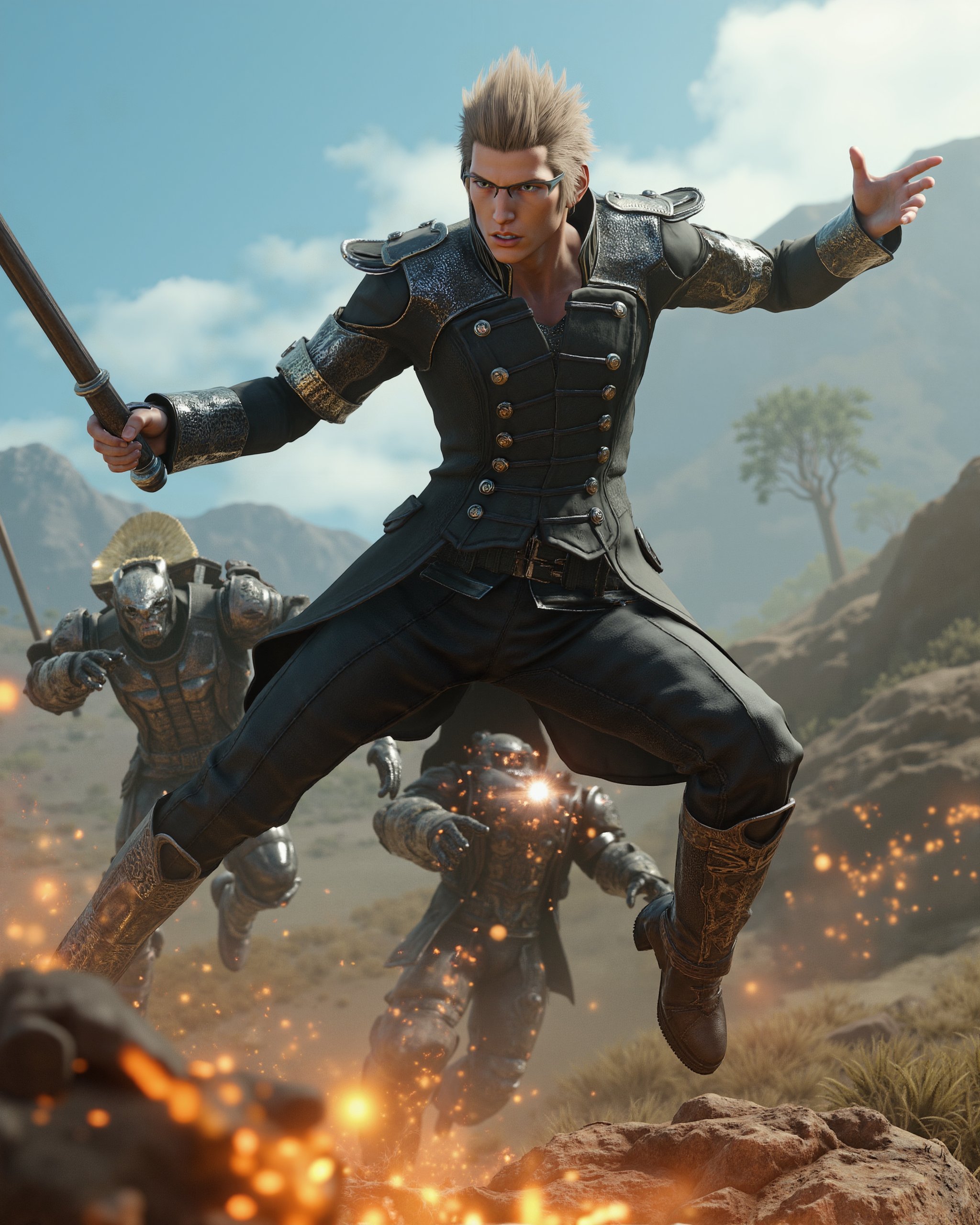 A digital painting in a cinematic angle shows Ignis Scientia mid-leap during battle,  wielding a polearm against a mechani...