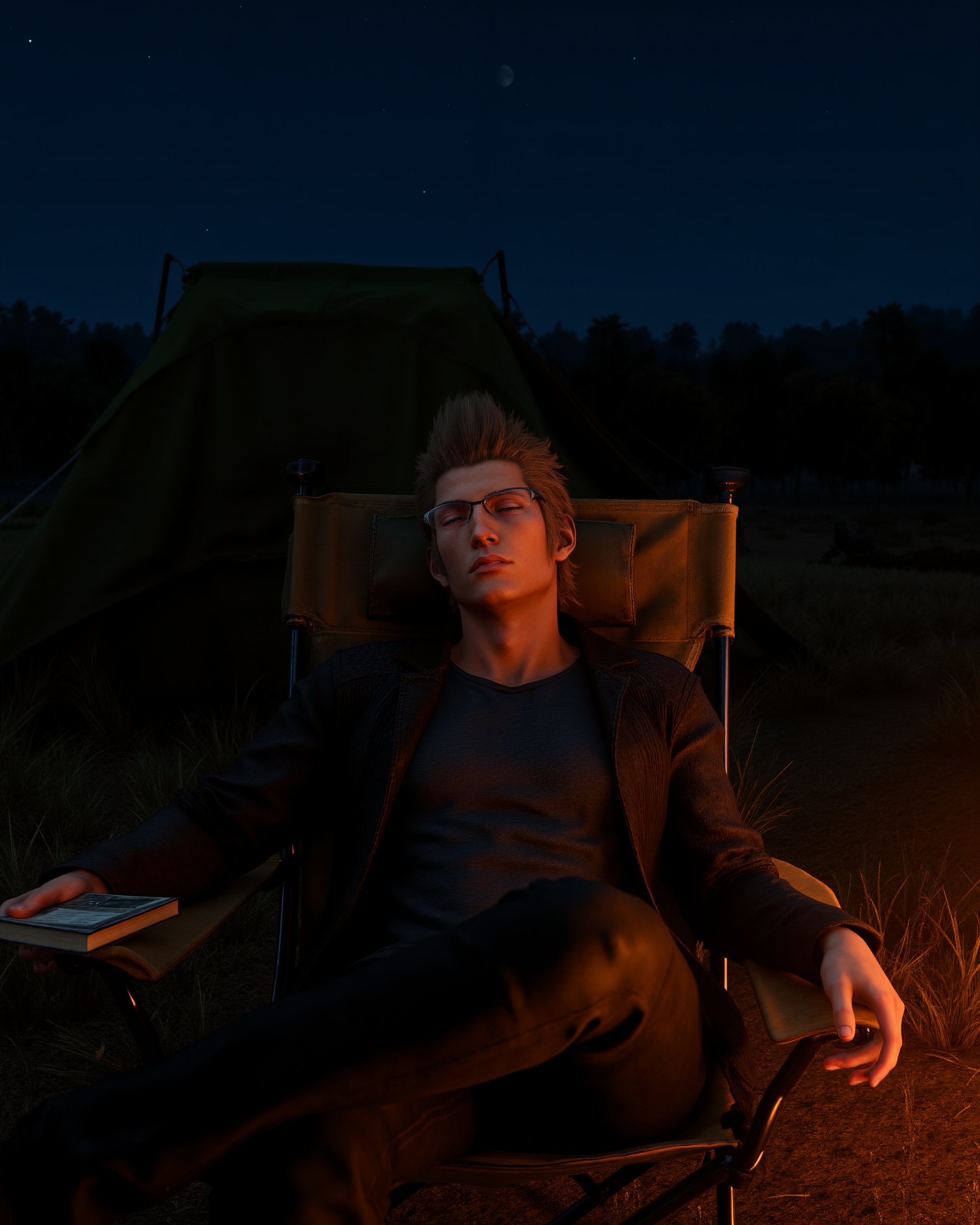 A CGI-rendered scene of XV-Ignis,  a 25-year-old athletic man with light ash brown hair swept upright in a spiky style,  a...