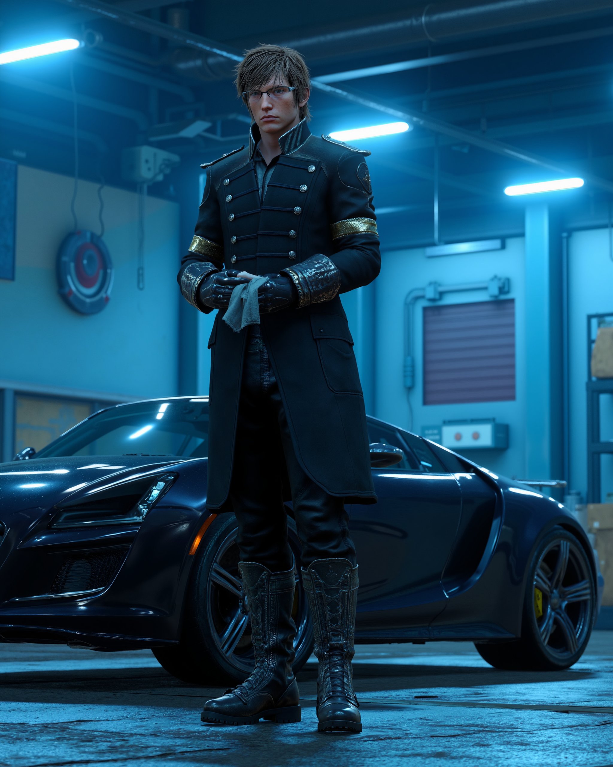 In a high-detail CGI render,  Ignis stands waist-up in a futuristic garage,  illuminated by blue overhead lights. He wears...