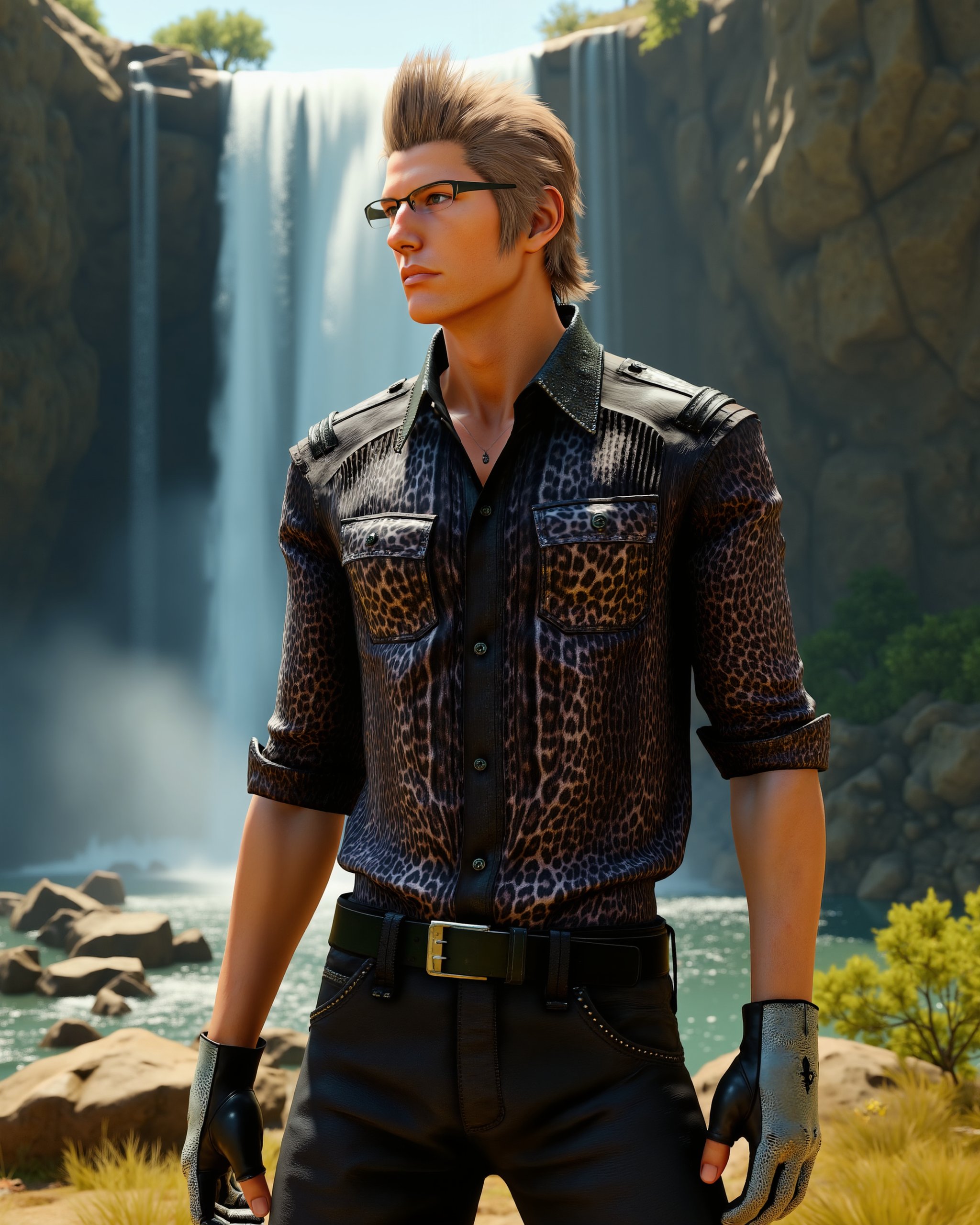 An upper-body shot of an athletic 25-year-old man standing confidently outdoors on a bright,  sunny day. His name is Ignis...