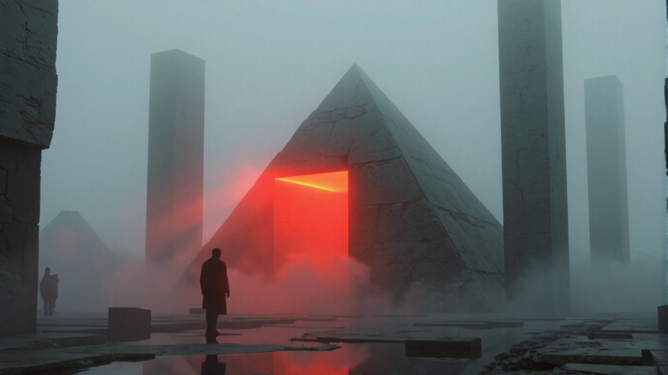 Create a surreal,  atmospheric scene featuring a lone figure standing in front of a glowing red pyramid structure. The env...
