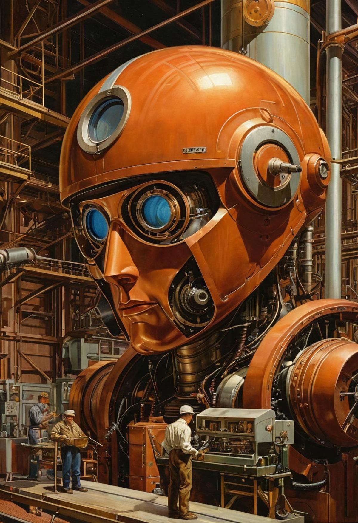 Art by style of Grant Wood style. smooth image,  a retro-futurist factory assembly line with robot workers making parts of...