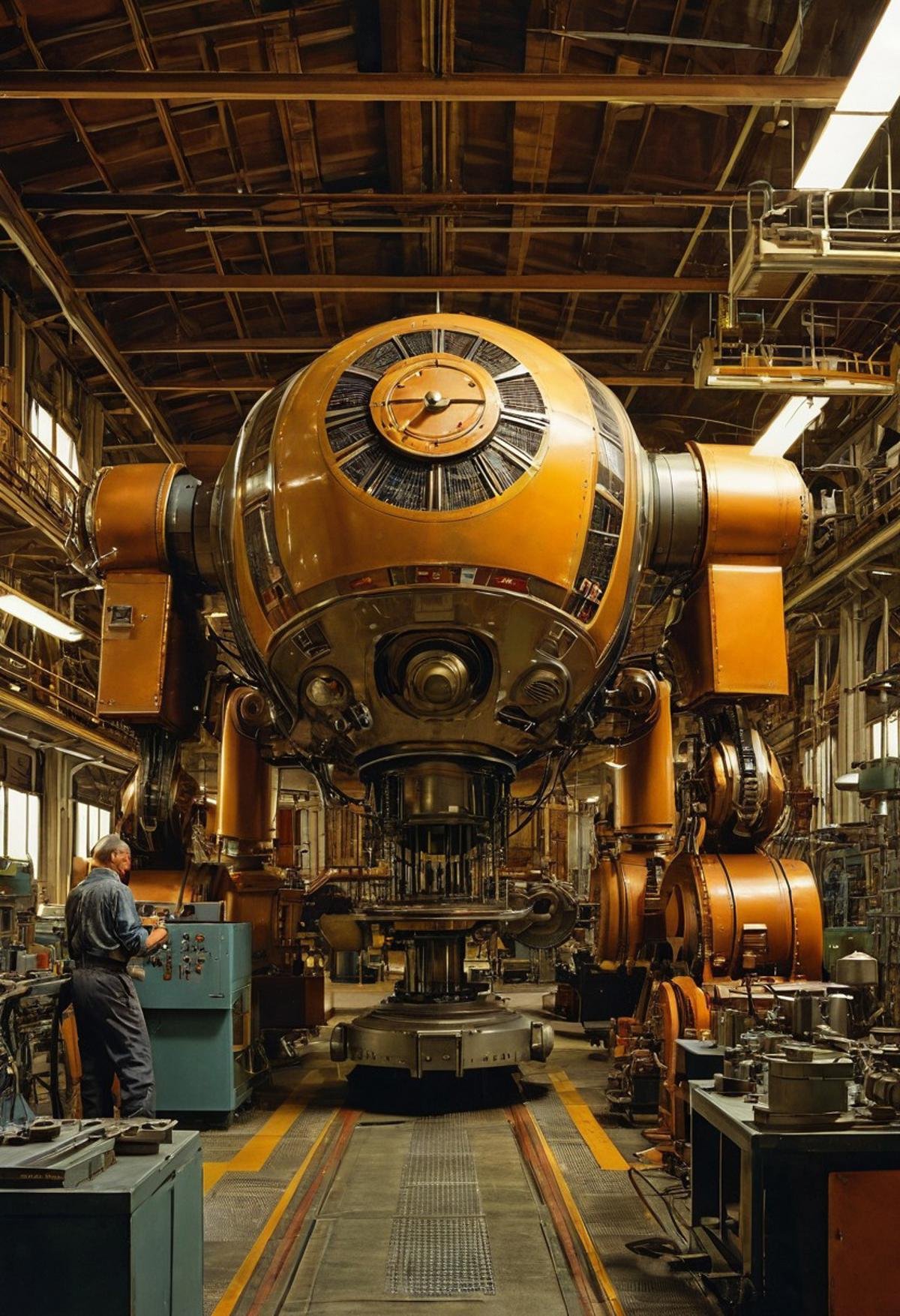 Art by style of Grant Wood style. smooth image,  a retro-futurist factory assembly line with robot workers making spacecra...