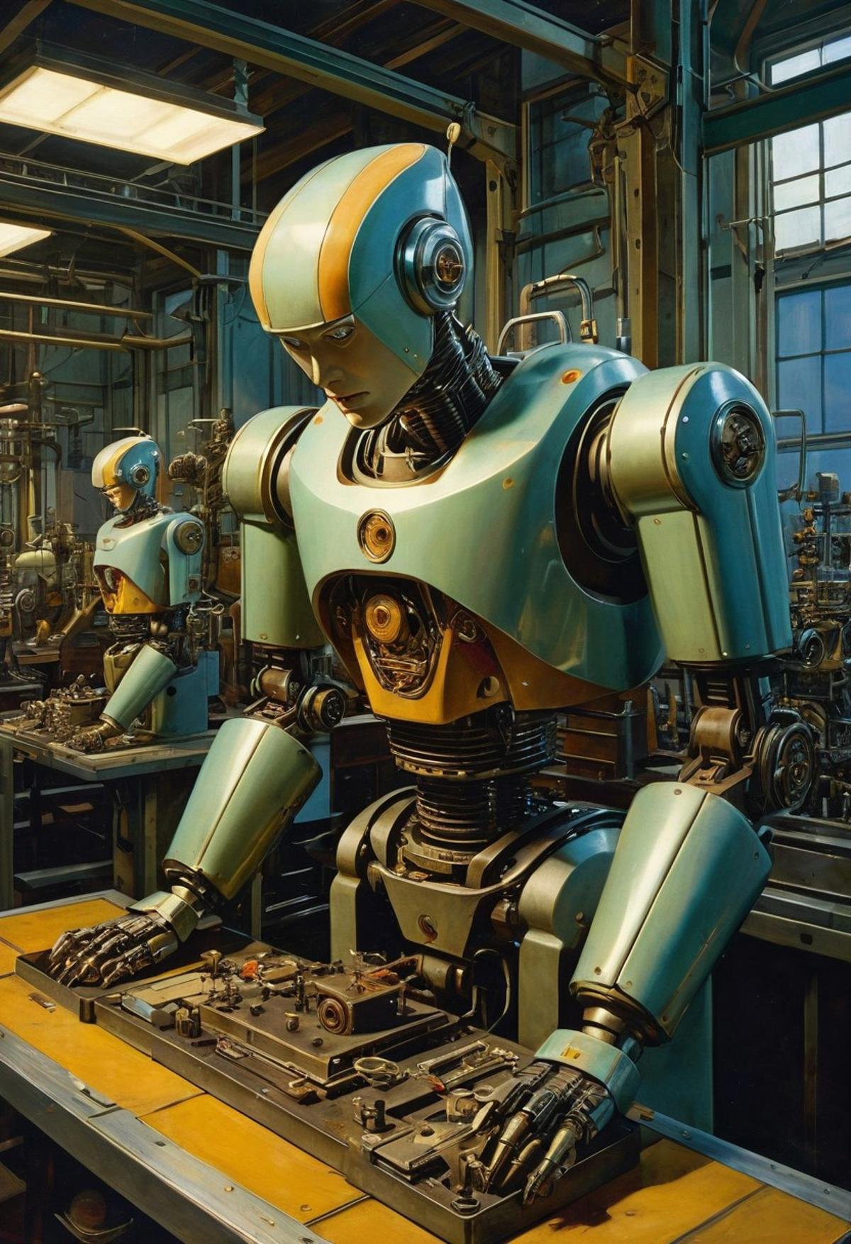 Art by style of Grant Wood style. smooth image,  a retro-futurist factory assembly line with robot workers manufacturing p...