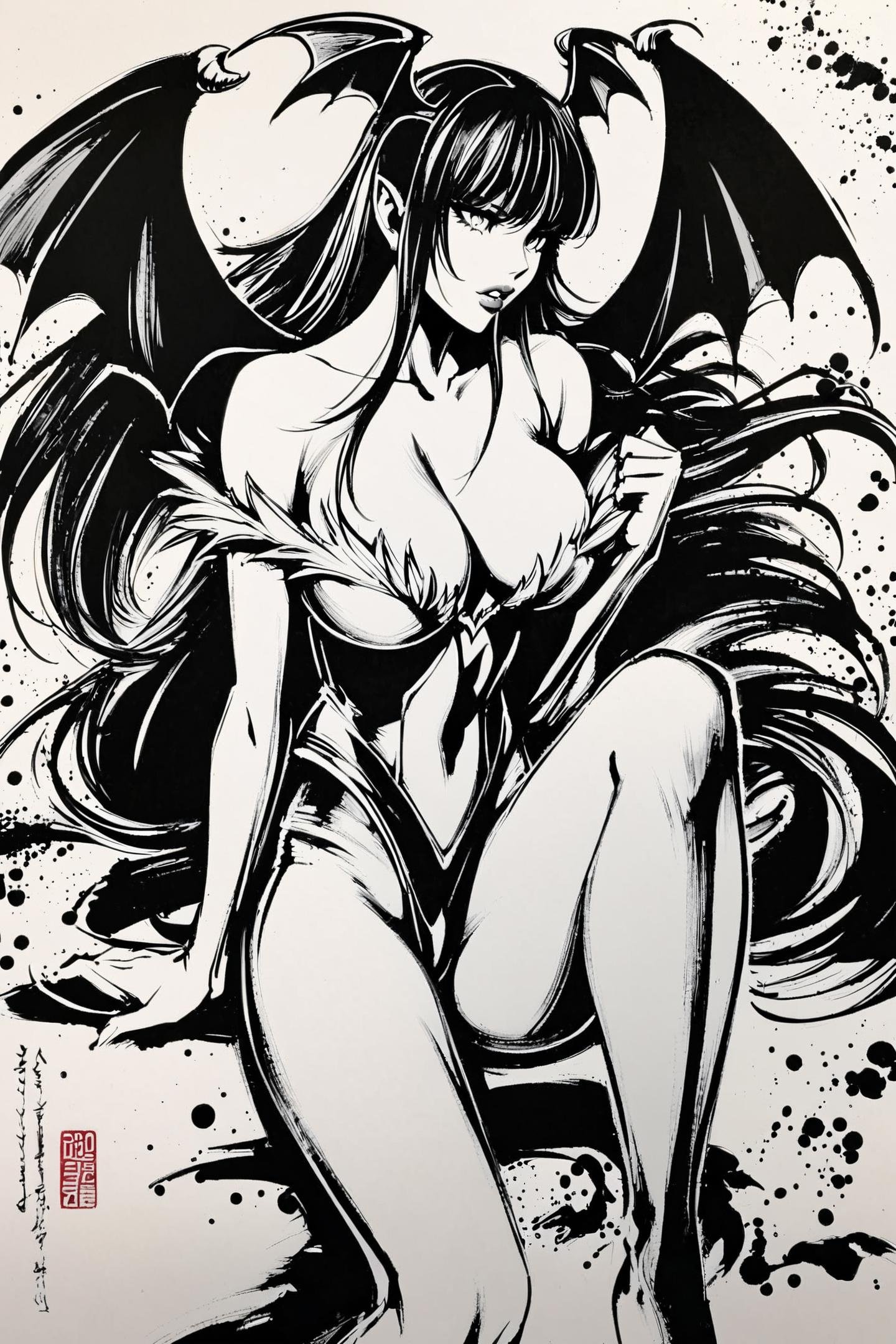monochrome,  greyscale,  morrigan aensland by flyx3 on Tensor.Art