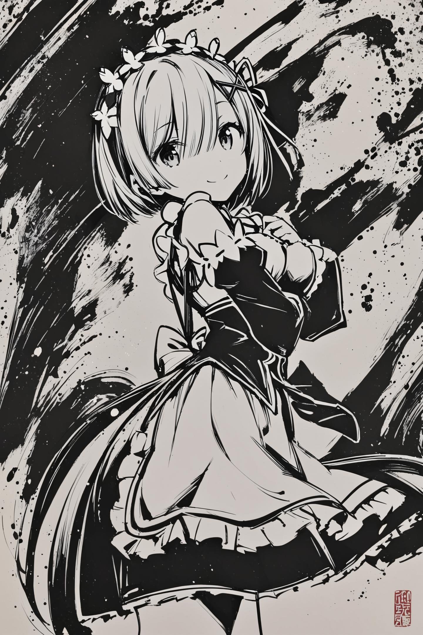 monochrome,  greyscale,  1girl by flyx3 on Tensor.Art