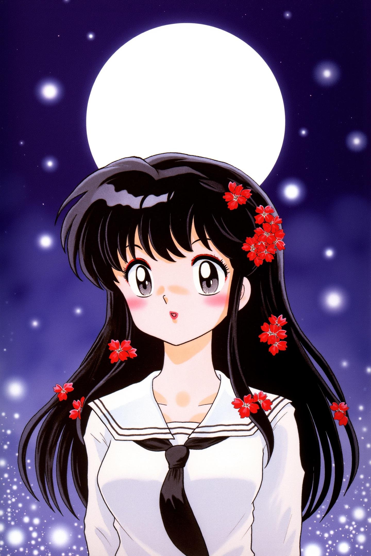 Enma Ai,  a young girl with long,  flowing black hair adorned with vibrant red flowers. She is wearing a school uniform th...