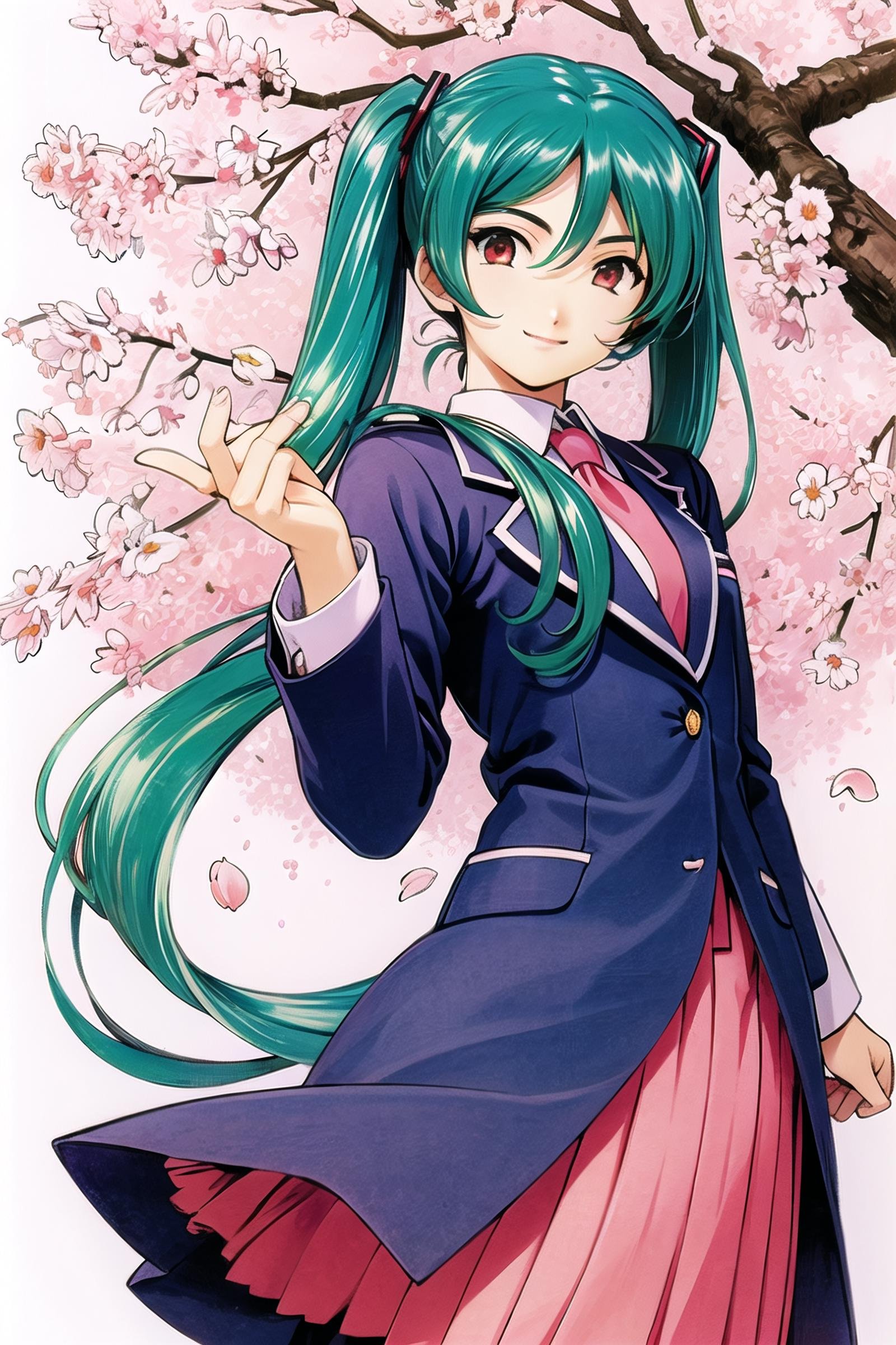 school uniform,  green hair,  cherry blossoms by flyx3 on Tensor.Art