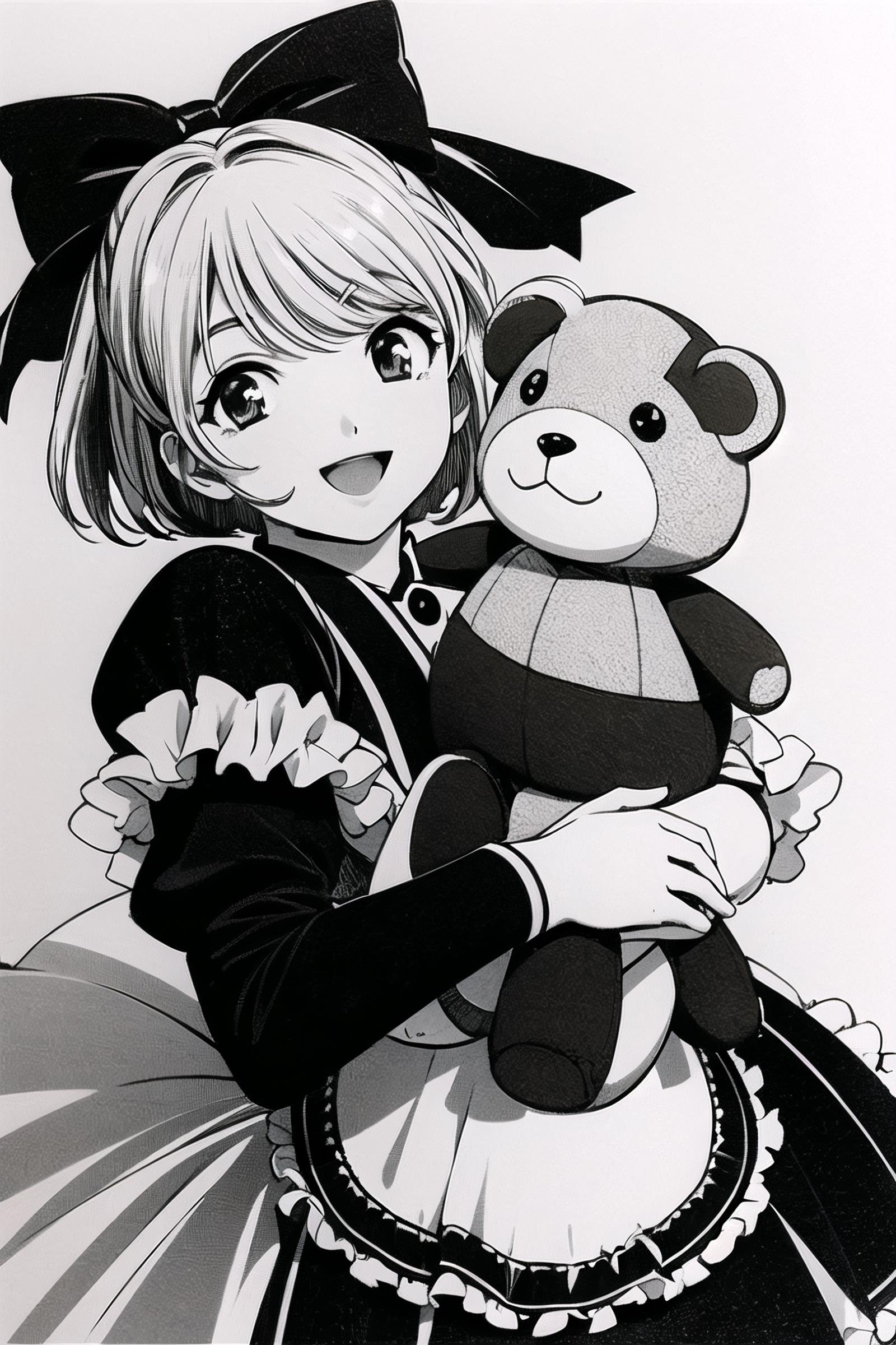 1girl,  monochrome,  stuffed toy by flyx3 on Tensor.Art