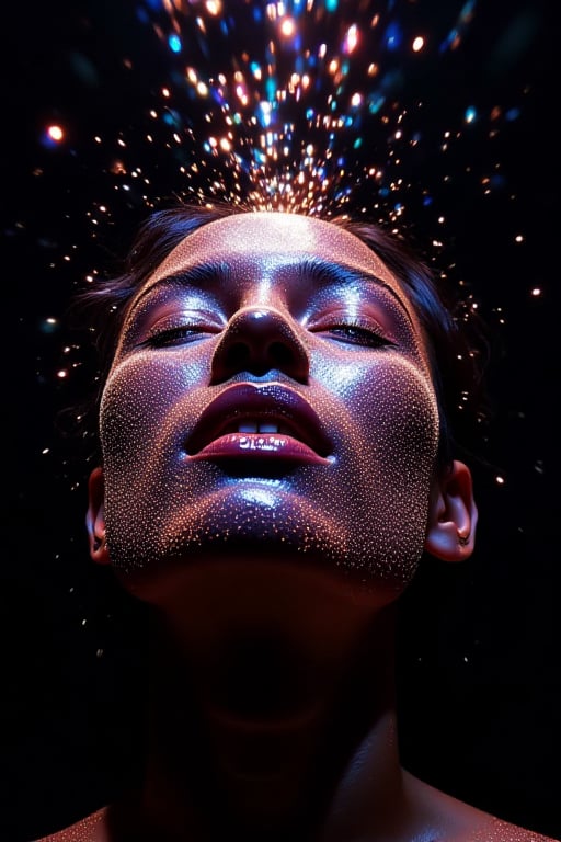 The image depicts a close-up of a human face,  illuminated by a multitude of colorful lights and sparkles. The face is par...
