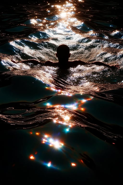 The image depicts a silhouette of a person swimming in the water,  captured in a way that highlights the dynamic movement...
