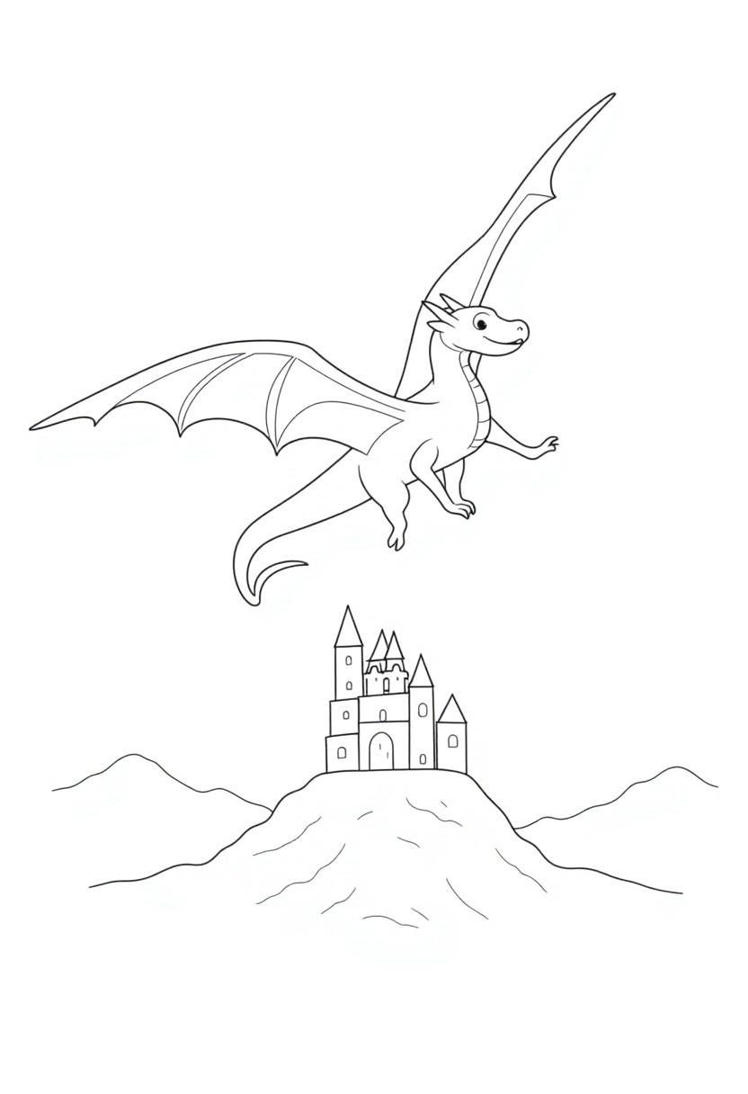 coloring page,  a dragon flying over a castle on a hilltop by CtrlAltArt on Tensor.Art