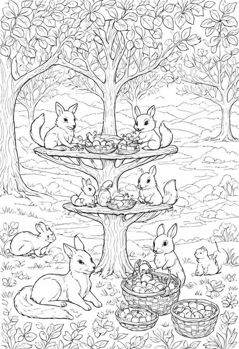 coloring page,  A group of cute woodland creatures (fox,  rabbit by CtrlAltArt on Tensor.Art