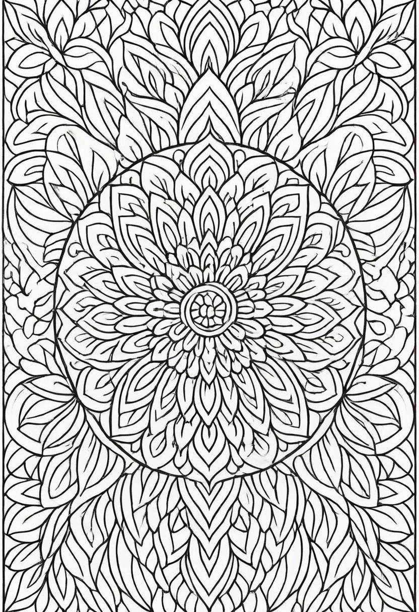 coloring page,  A detailed mandala pattern with intricate floral and geometric motifs radiating from the center,  symmetri...