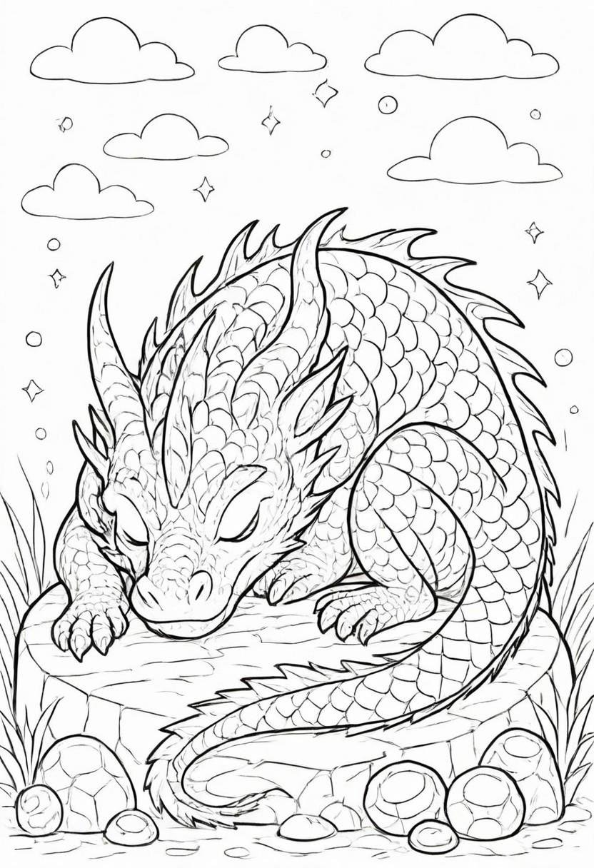 coloring page,  A friendly dragon curled up asleep on a pile of oversized,  sparkling gems by CtrlAltArt on Tensor.Art