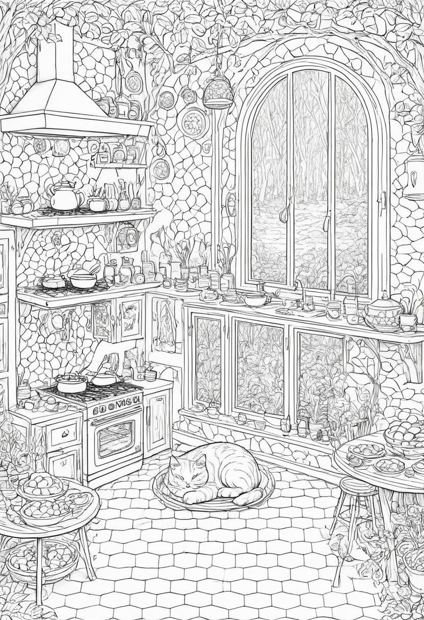 coloring page,  A cozy kitchen scene with a cat napping on a windowsill next to a steaming pie,  detailed patterns on wall...