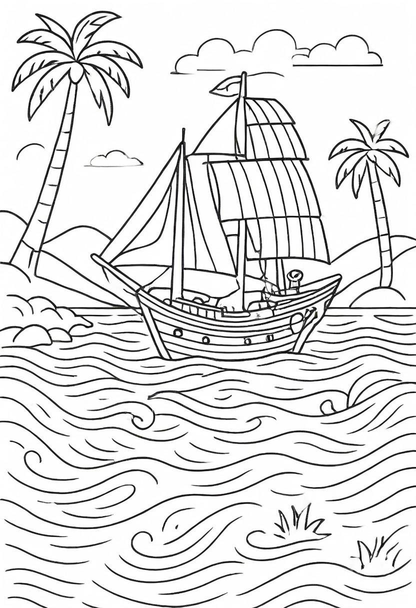 coloring page,  A pirate ship sailing on a calm sea towards a tropical island with palm trees and a treasure chest,  simpl...
