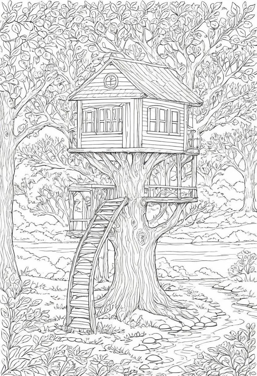coloring page,  A whimsical treehouse nestled in the branches of a giant,  ancient oak tree by CtrlAltArt on Tensor.Art