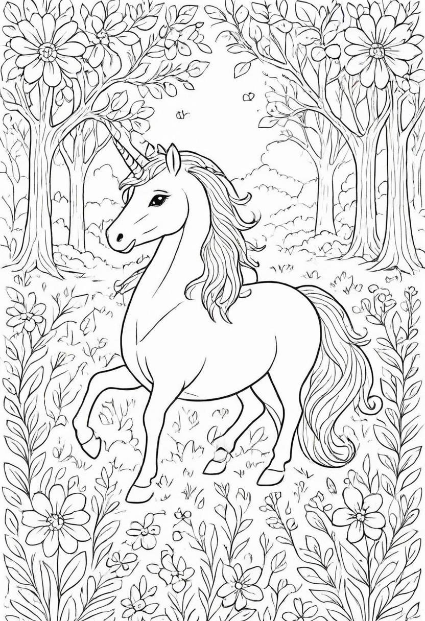 coloring page,  A magical unicorn with a flowing mane and tail standing in an enchanted forest clearing,  surrounded by fl...