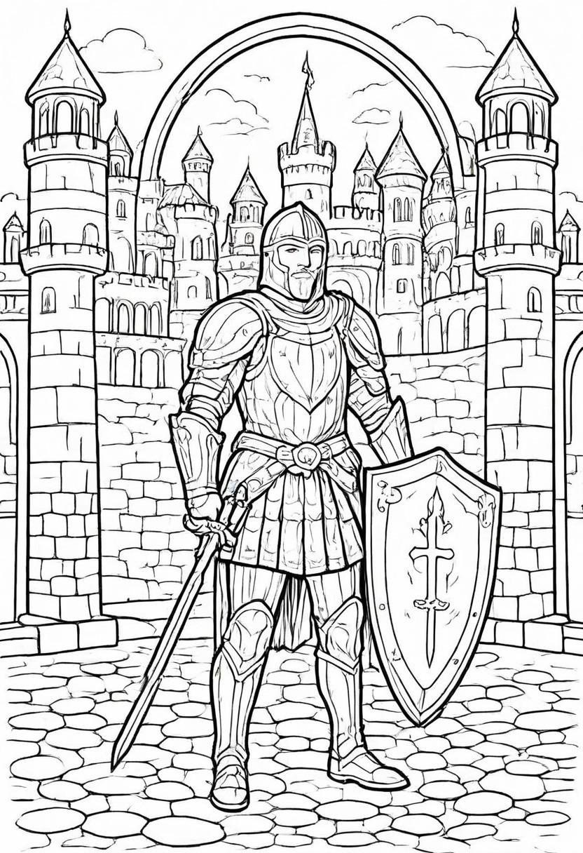 coloring page,  A brave knight in shining armor standing before a castle gate,  shield and sword visible by CtrlAltArt on...