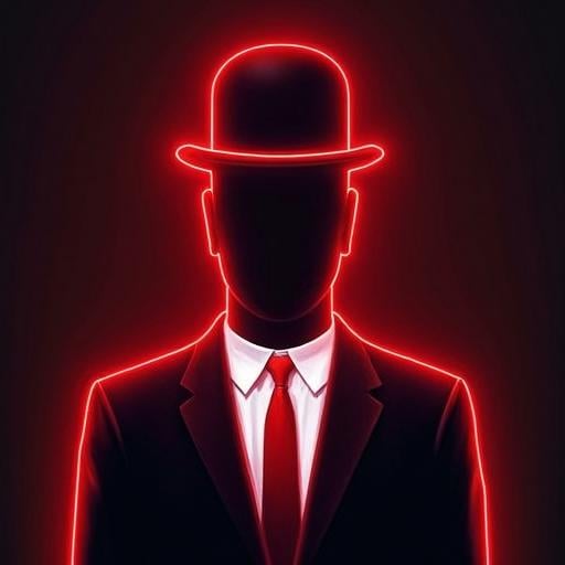 act1vate,  a man with no head wearing a suit and tie with an oversized bowler hat in bright neon red line art by CtrlAltAr...