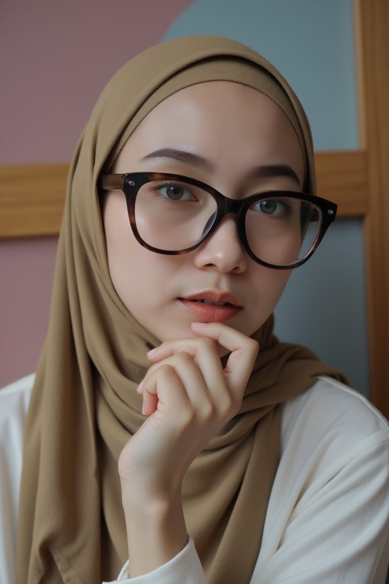 A cinematic photo of a young SalsabilaKholiq woman with olive hijab. She is wearing glasses and has green-gray eyes. The w...