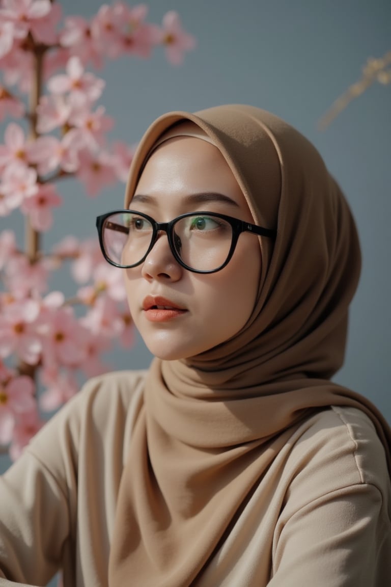 A cinematic photo of a young SalsabilaKholiq woman with olive hijab. She is wearing glasses and has green-gray eyes. The w...