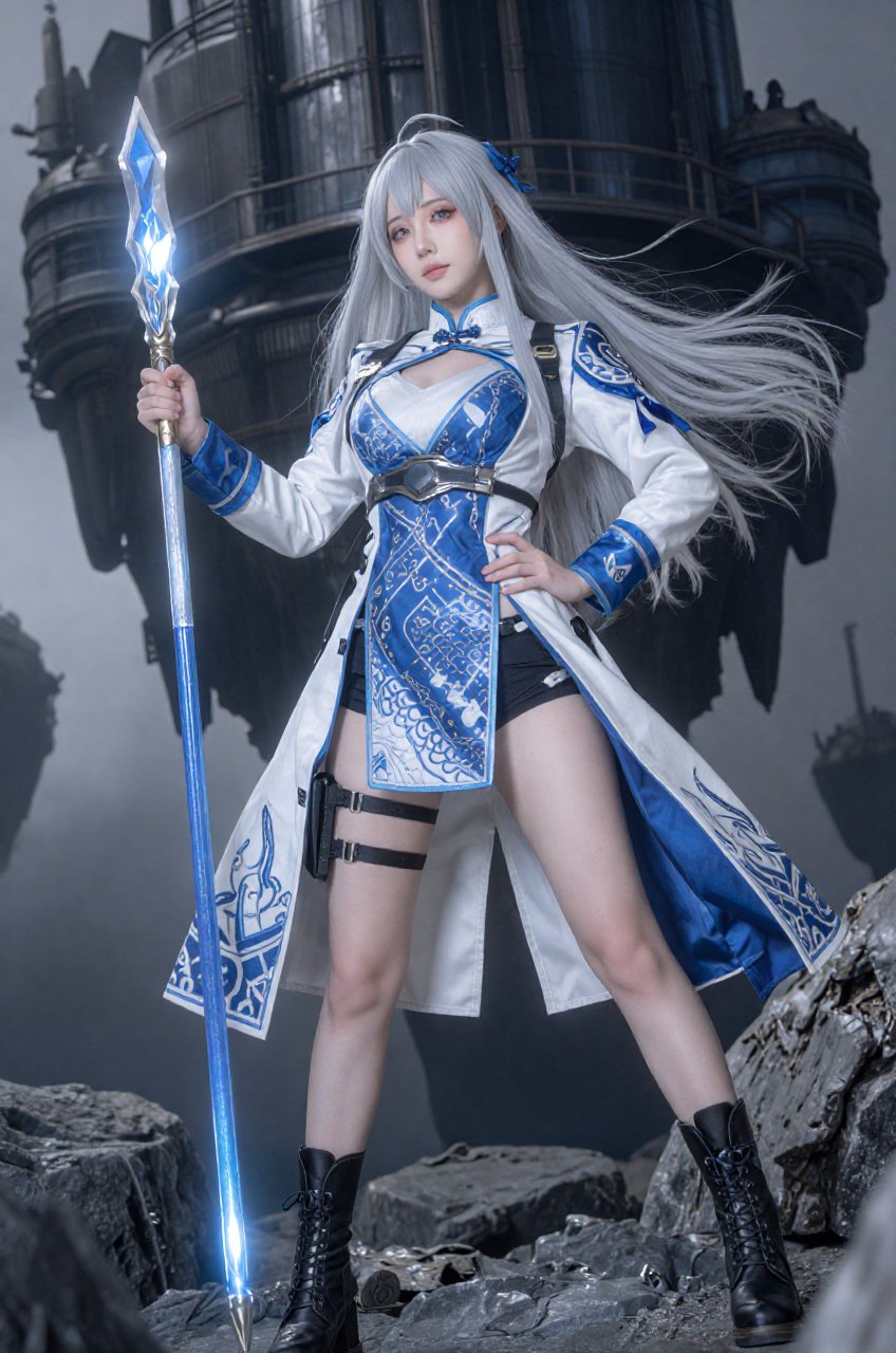 full-shot vertical composition features a striking woman depicted as a kitsune warrior,  captured from a low-angle perspec...