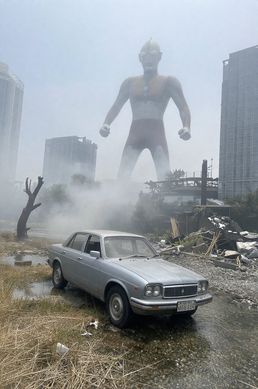 colossal Ultraman loom behind the smoke,  post apocalypse,  weathered vintage car on the shallow crystal clear river by Ar...