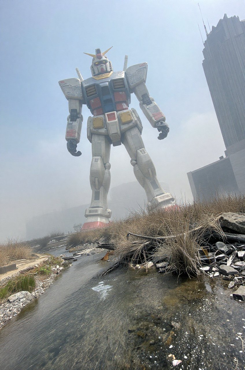 colossal Gundam loom behind the smoke,  post apocalypse,  shallow crystal clear river by ArteByJH on Tensor.Art