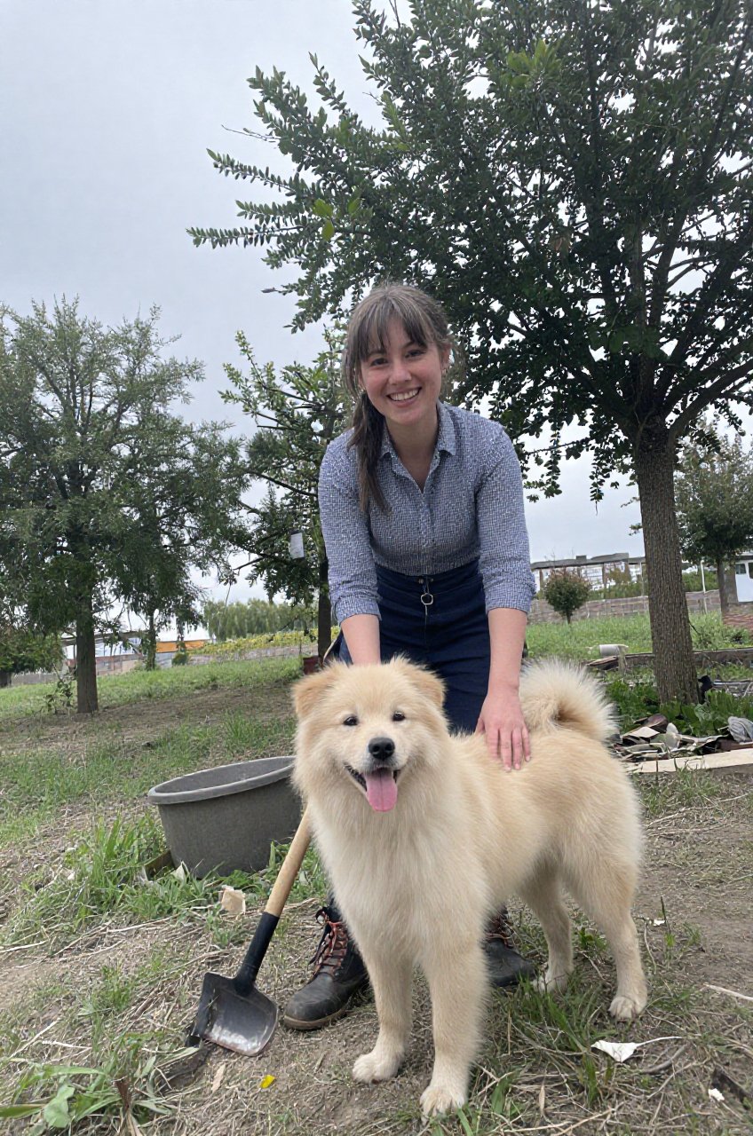 a female farmer,  fluffy dog,  joyfull by ArteByJH on Tensor.Art