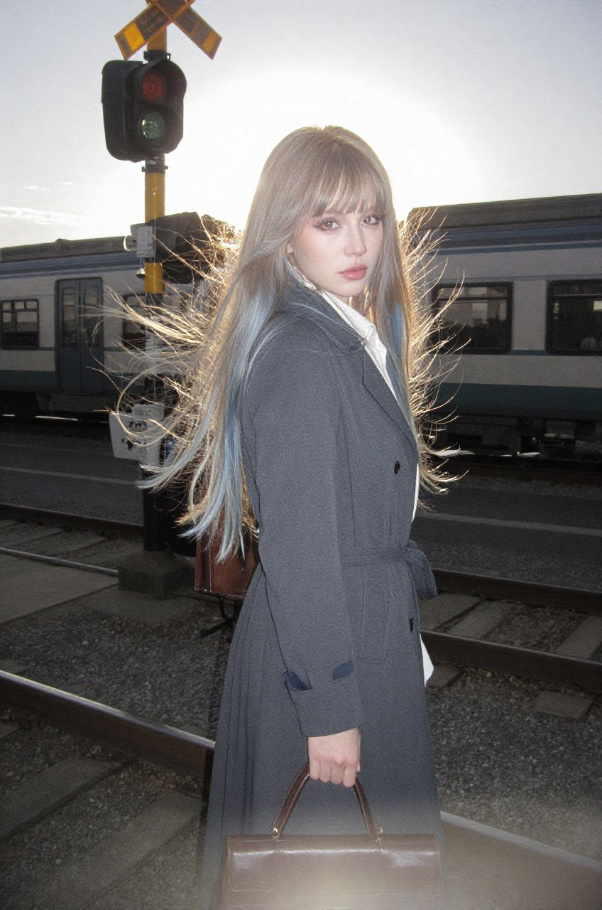 a woman standing at a railway crossing captured as a medium full shot,  where she is positioned in a three-quarter view lo...