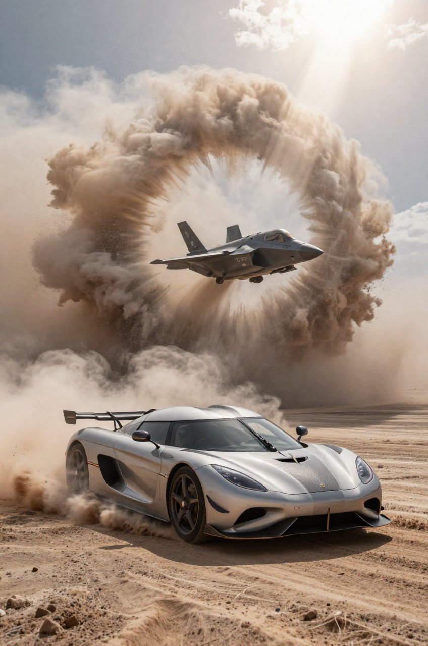 A scorching desert showdown featuring a Koenigsegg Jesko and an F-35 jet hovering in a high-speed transition. The jet’s VT...