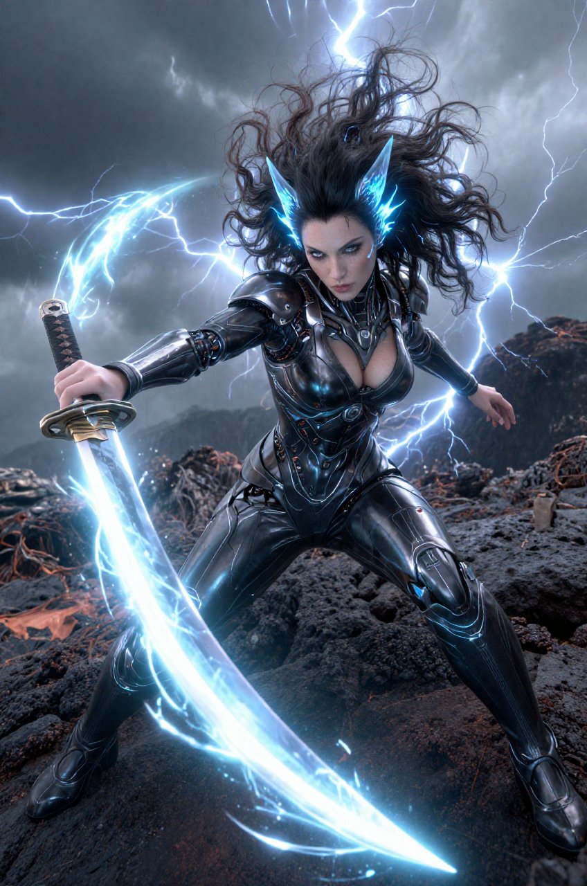 a woman featuring feline-like traits is captured in a high-tension,  full-body action shot on a scorched,  volcanic terrai...