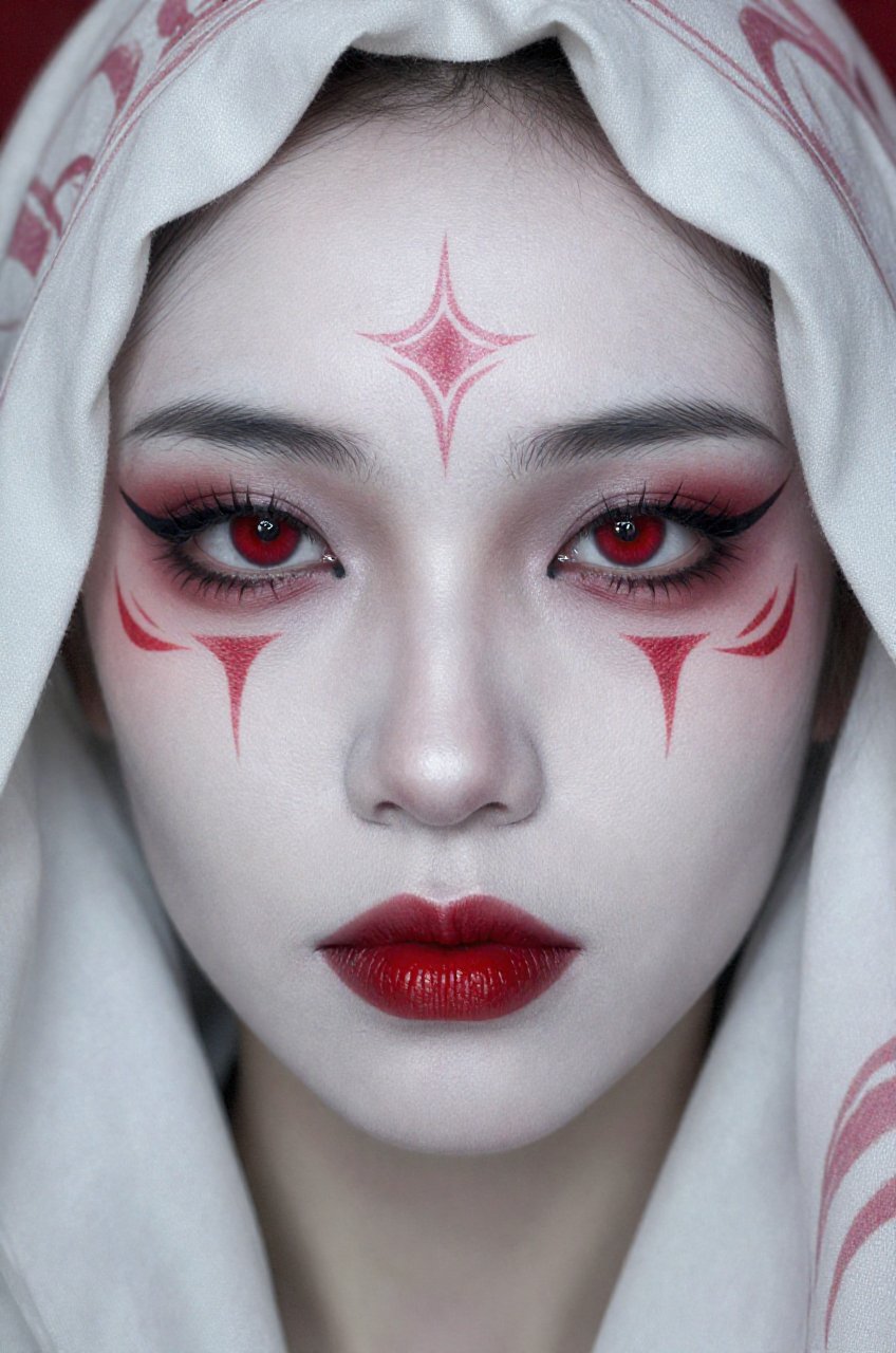 A high-detail,  straight-on,  close-up portrait captures the intense gaze of a stylized individual by ArteByJH on Tensor.Art