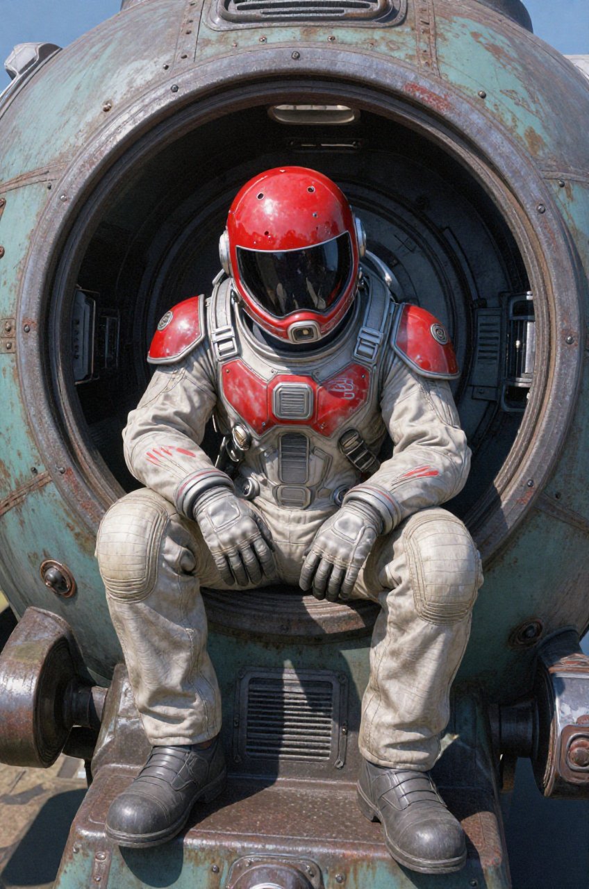 ertical frame showcases a lone pilot in a weathered,  high-tech exosuit seated at the circular hatch of a rusted teal spac...