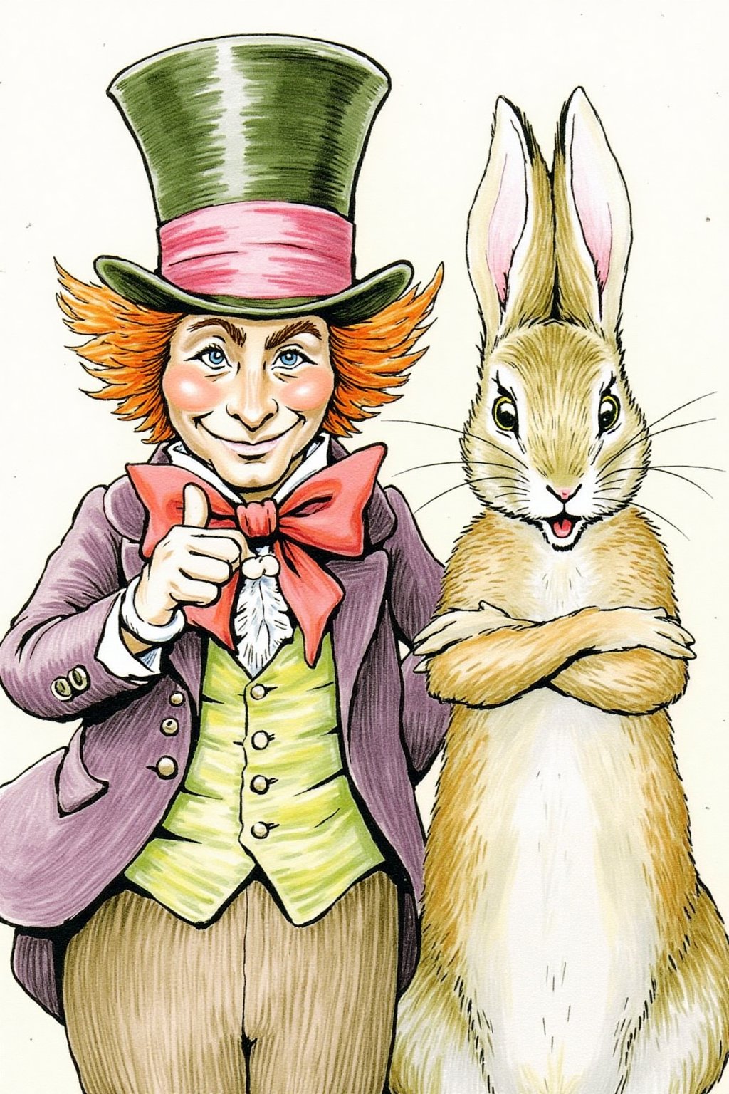 beatrixpotter1 illustration. Closeup of the Mad Hatter and the White Rabbit from Alice in Wonderland. On the left is the M...
