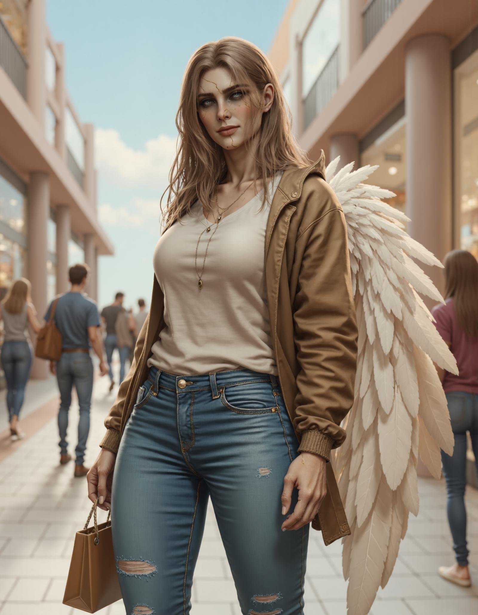 dameAylin shopping for clothes at the mall wearing casual clothes,  her large white feathered wings are closed behind her...